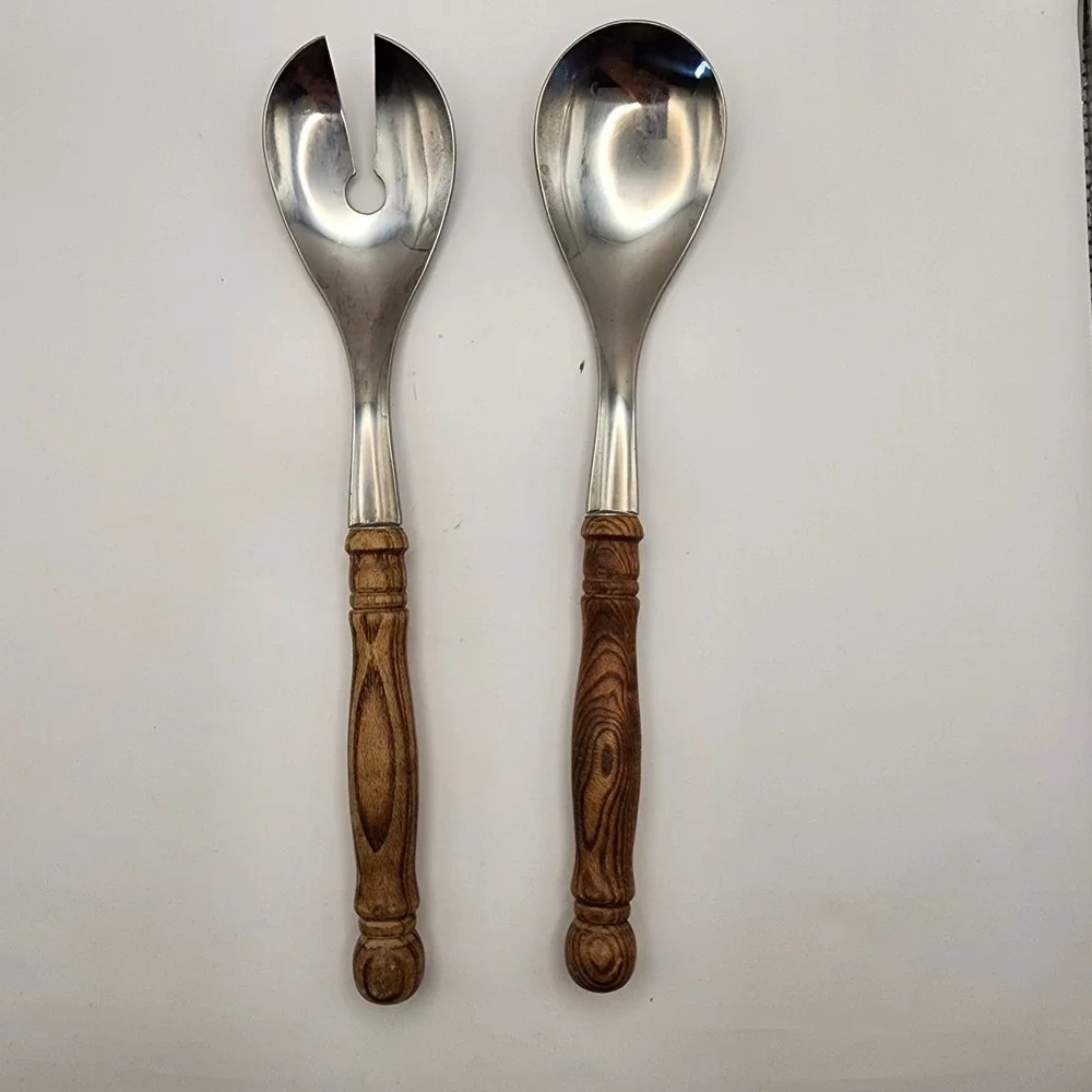 Vintage Old Homestead Stainless Steel Wood Handle Serving Salad Utensils (2)